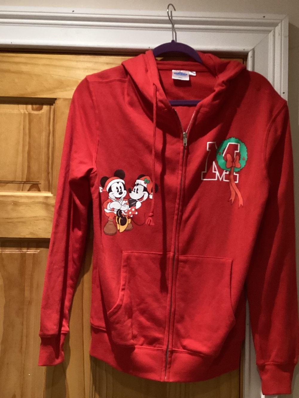 Disney Mickey & Friends junior Size XS Holiday zip up Hooded Sweatshirt Red